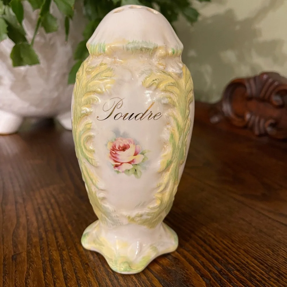 French Powder Decanter “Poudre” Shaker Porcelain Clay Rose 6” Tall VTG